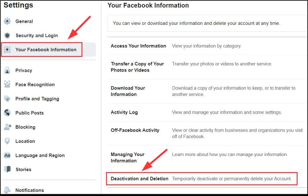 Select Deactivation and Deletion on facebook settings